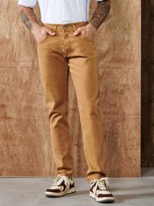 RueChic Men Solid Slant Pocket Straight Leg Pants - Yellow - View 3