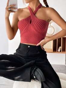 SHEIN Unity 十字交叉吊脖露背針織上衣 - 紅木色 - 查看 4