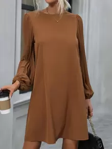 SHEIN Clasi Solid Pleated Lantern Sleeve Tunic Dress,Ladies Casual Pleated Long Sleeve Round Neck Regular Fit Short Brown Bishop Sleeve Plain Tunic Women Short Dresses,Spring/Fall,Casual Daily Wear