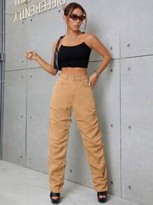 SHEIN ICON Ruched Straight Leg Jeans - Apricot - View 1