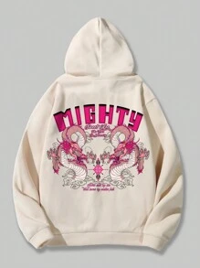 ROMWE MEN Anime Các bạn Lá thư & Đồ họa rồng Trung Quốc Dây rút Áo hoodie ấm áp - Màu be - Xem 1