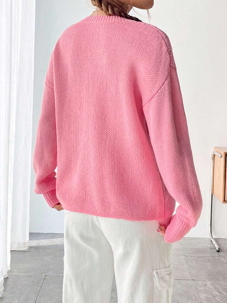 Letter Pattern Drop Shoulder Knit Pullover Fall Winter Sweater