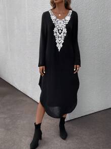 SHEIN LUNE Guipure Lace Split Thigh Dress - Black - View 6