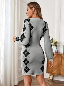 SHEIN Maternity Argyle Pattern Bodycon Sweater Dress Without Belt, For Winter