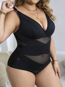 Plus Contrast Mesh Shapewear Bodysuit - Black - View 5