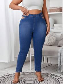 SHEIN SXY Plus Cut Out Buckle Waist Skinny Jeans - Medium Wash - View 3