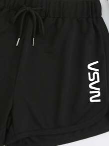 INAWLY Letter Graphic Drawstring Waist Track Shorts - Black - View 3