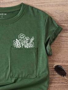 SHEIN EZwear Plants Print Pocket Patched Tee - Dark Green - View 3