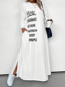 SHEIN LUNE Plus Letter Graphic Drop Shoulder Split Hem Dress - White - View 6