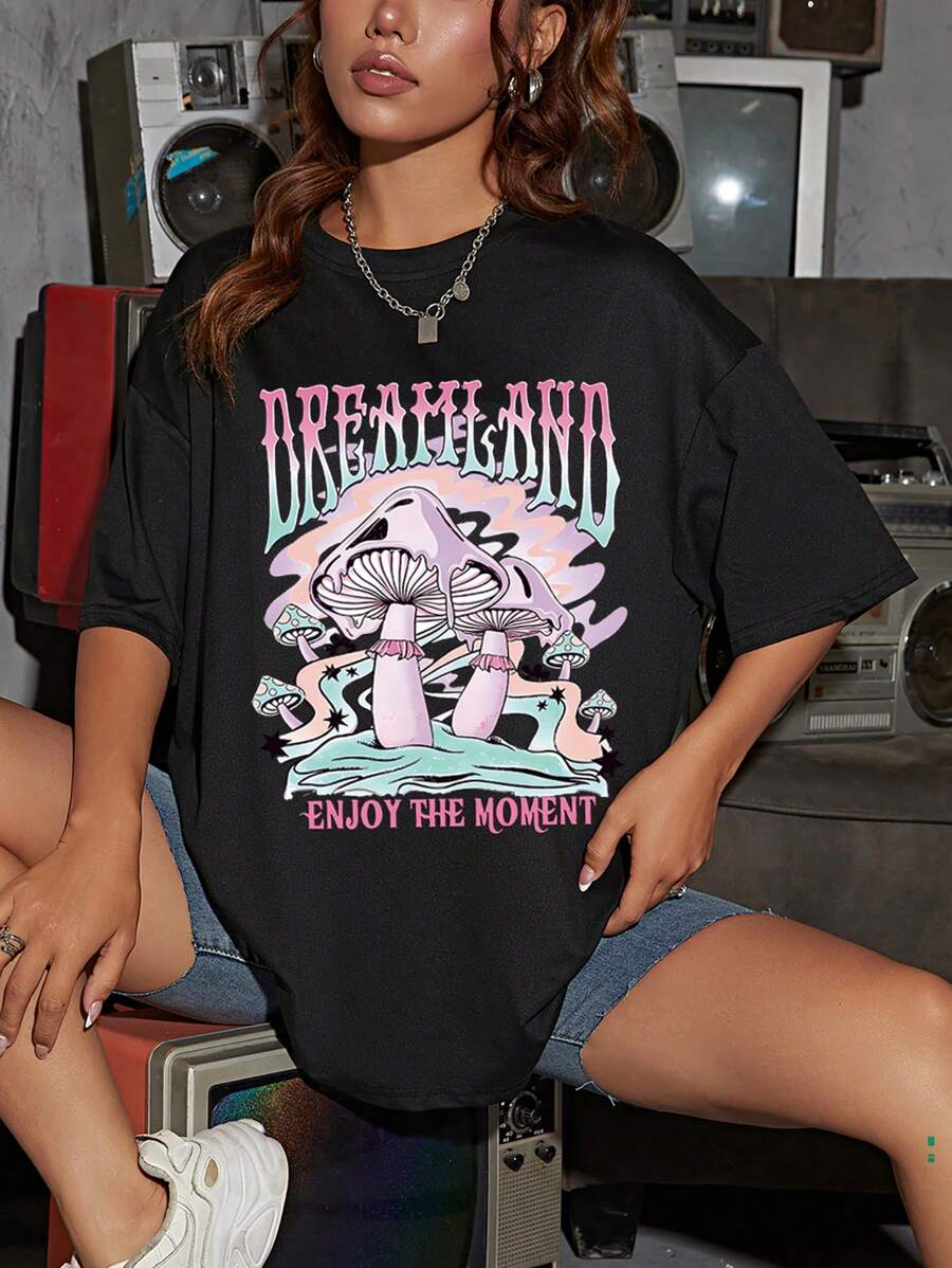 SHEIN EZwear 蘑菇&標語圖案落肩T恤 - 黑色 - 查看 1