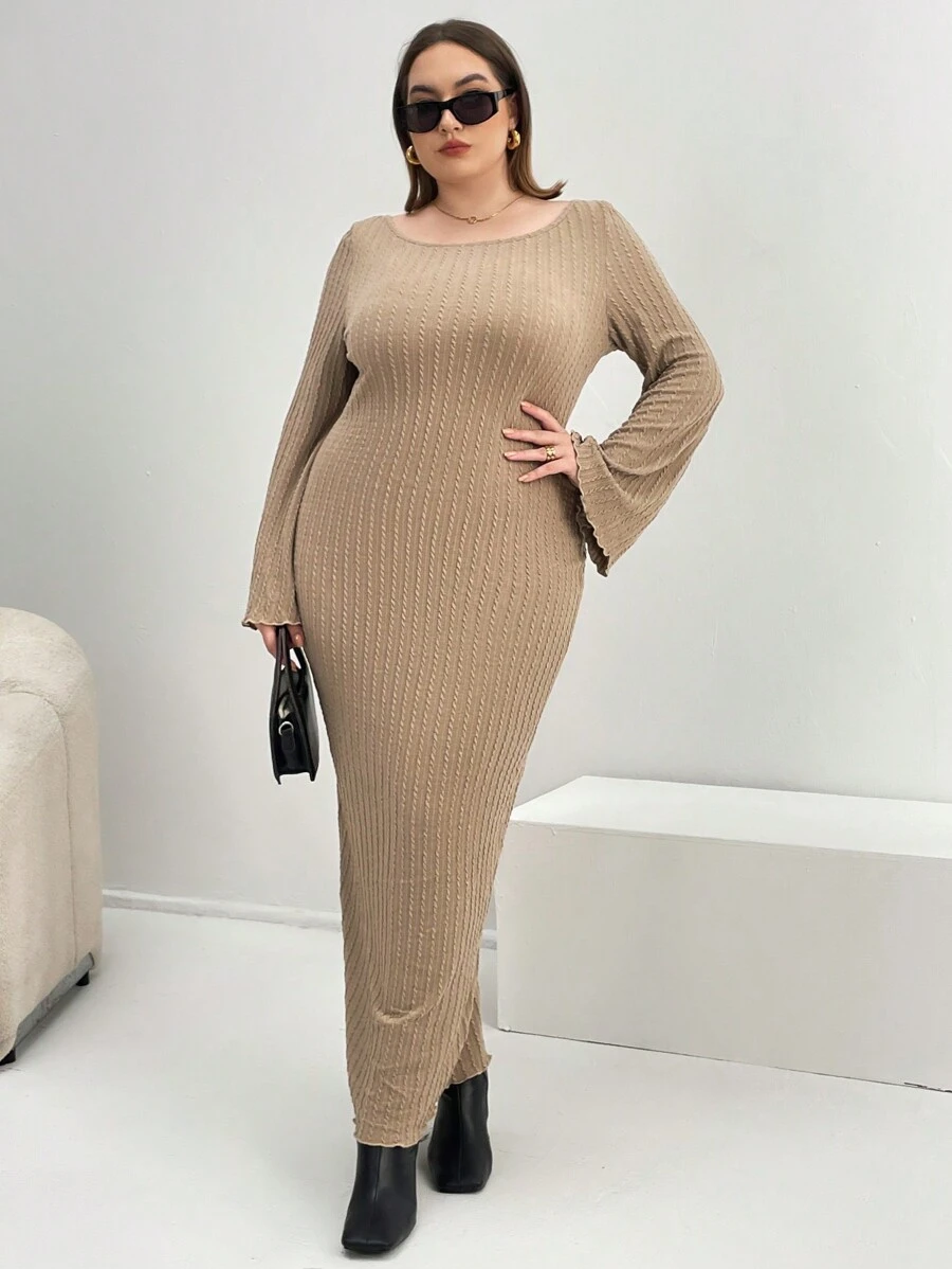 SHEIN Essnce 大碼素色喇叭袖緊身洋裝 - 卡其色 - 查看 1