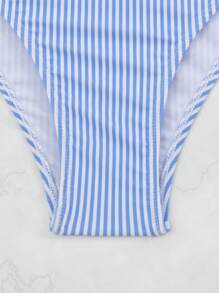 Swim Basics 夏季沙灘條紋高腰比基尼套裝 - 藍白色 - 查看 4