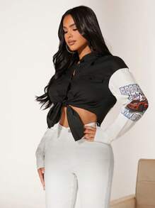 SHEIN SXY 汽車和字母圖案落肩袖襯衫