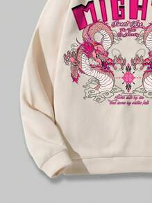 ROMWE MEN Anime Các bạn Lá thư & Đồ họa rồng Trung Quốc Dây rút Áo hoodie ấm áp - Màu be - Xem 6