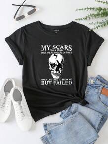 SHEIN EZwear 加上骷髅和标语图案 T 恤，我的伤疤讲述了一个故事，它们提醒着我，当生活试图打败我，但失败了 - 黑色 - 查看 1