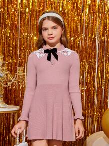 SHEIN Tween Girl Bow Front Sweater Dress - Pink - View 1
