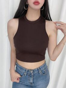 DAZY Top tank crop unicolor de canalé - Café integral - Ver 6
