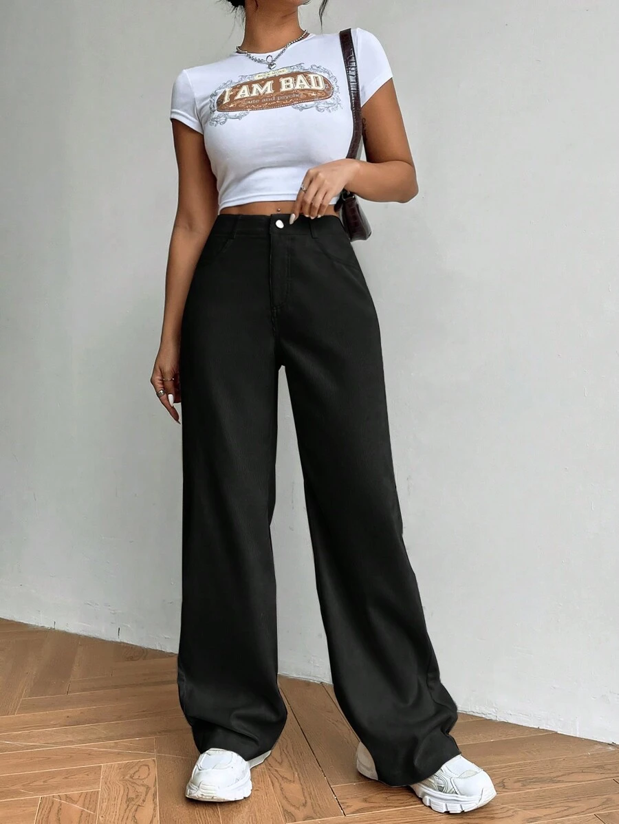 SHEIN EZwear Pantalon Ample Unicolore - Noir - Voir 1