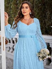 Simplee Đầm chữ A ren cổ điển thanh lịch dành cho nữ cỡ lớn, tay dài, thắt eo, thích hợp cho đám cưới, tiệc tùng, sinh nhật, mùa xuân. - Màu xanh lam - Xem 7