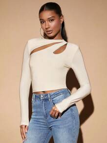 SHEIN BAE 正面剪裁短款T恤 - 杏色 - 查看 4