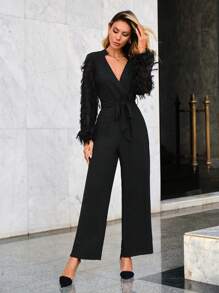 SHEIN Unity Fuzzy Lantern Sleeve Belted Jumpsuit - Black - View 6