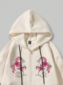 ROMWE MEN Anime Các bạn Lá thư & Đồ họa rồng Trung Quốc Dây rút Áo hoodie ấm áp - Màu be - Xem 4