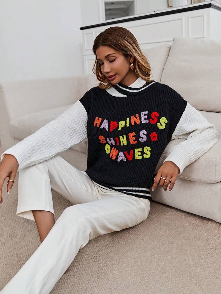 Slogan Pattern Colorblock Drop Shoulder Knit Pullover Fall Winter Sweater