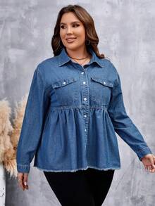 SHEIN LUNE Hơn Túi có nắp Raw Hem Áo sơ mi denim - Rửa trung bình - Xem 6