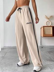 SHEIN Unity Đường may bên cạnh tương phản Eo dây rút quần ống rộng Quần thể thao - Màu Khaki - Xem 6