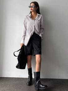 DAZY Áo sơ mi sọc in vai thả, áo dài tay - Màu Khaki - Xem 6