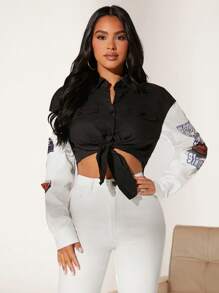 SHEIN SXY 汽車和字母圖案落肩袖襯衫