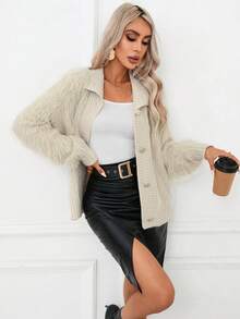 SHEIN Privé Vạt váy nút Đan mềm mại Áo len Mở - Lạc đà - Xem 4