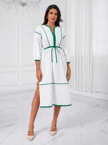 Aveloria Contrast Binding Drawstring Waist Split Thigh Dress