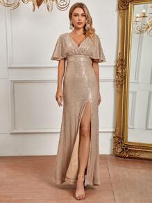 SHEIN Belle 深V領開叉大腿亮片正裝洋裝 - 棕色 - 查看 5