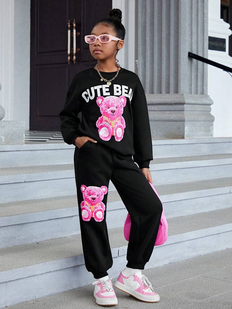 Tween Girls Casual Street-Style Bear Print Knit Pullover Sweatshirt Set, Fleece Thickened