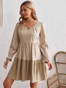 SHEIN VCAY Vestido blusón con dobladillo con volantes y mangas con volante - Caqui - Ver 3