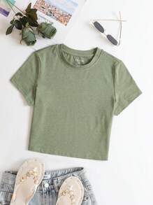 INAWLY 素色圓領短款T恤 - 橄欖綠 - 查看 1