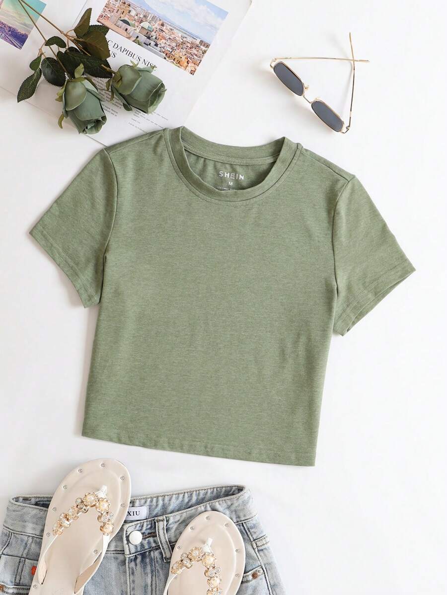 INAWLY 素色圓領短款T恤 - 橄欖綠 - 查看 1