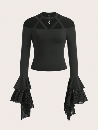 Solid Cold Shoulder Flounce Sleeve Tee