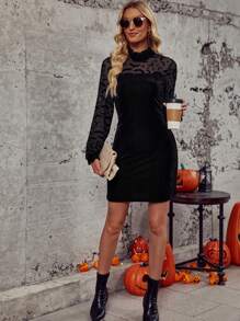 SHEIN Clasi Vestido ajustado Halloween de malla en contraste de manga farol de cuello alto de terciopelo - Negro - Ver 6
