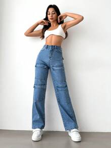 SHEIN Cottnline High Waist Flap Pocket Straight Leg Jeans - Medium Wash - View 1