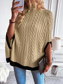 SHEIN LUNE Viền tương phản Tay Raglan Xoắn Dan Áo choàng Mưa - Màu Khaki - Xem 1