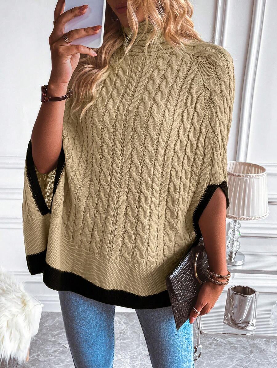 SHEIN LUNE Viền tương phản Tay Raglan Xoắn Dan Áo choàng Mưa - Màu Khaki - Xem 1