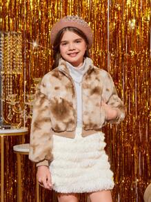 SHEIN Tween Girl Tie Dye Drop Shoulder Zipper Fuzzy Coat - Apricot - View 4