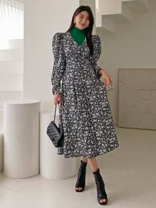 DAZY Ditsy Floral Puff Sleeve Dress,Fall Clothes Long Sleeve Dress Vacation Outfits Women Boho - Black - View 4