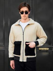 RueChic Men Contrast Panel Drop Shoulder Zipper Teddy Jacket - Multicolor - View 3