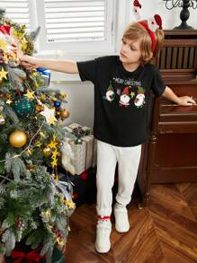 SHEIN Tween Boy 1pc Christmas Print Drop Shoulder Tee - Black - View 4