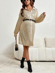 SHEIN Maternity Drop Shoulder Sequin Shirt Dress - Champagne - View 3