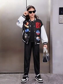SHEIN Tween Girl Letter & Sports Graphic Drop Shoulder Two Tone Varsity Jacket - Black - View 3