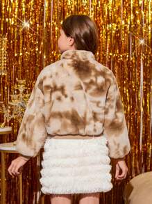 SHEIN Tween Girl Tie Dye Drop Shoulder Zipper Fuzzy Coat - Apricot - View 2